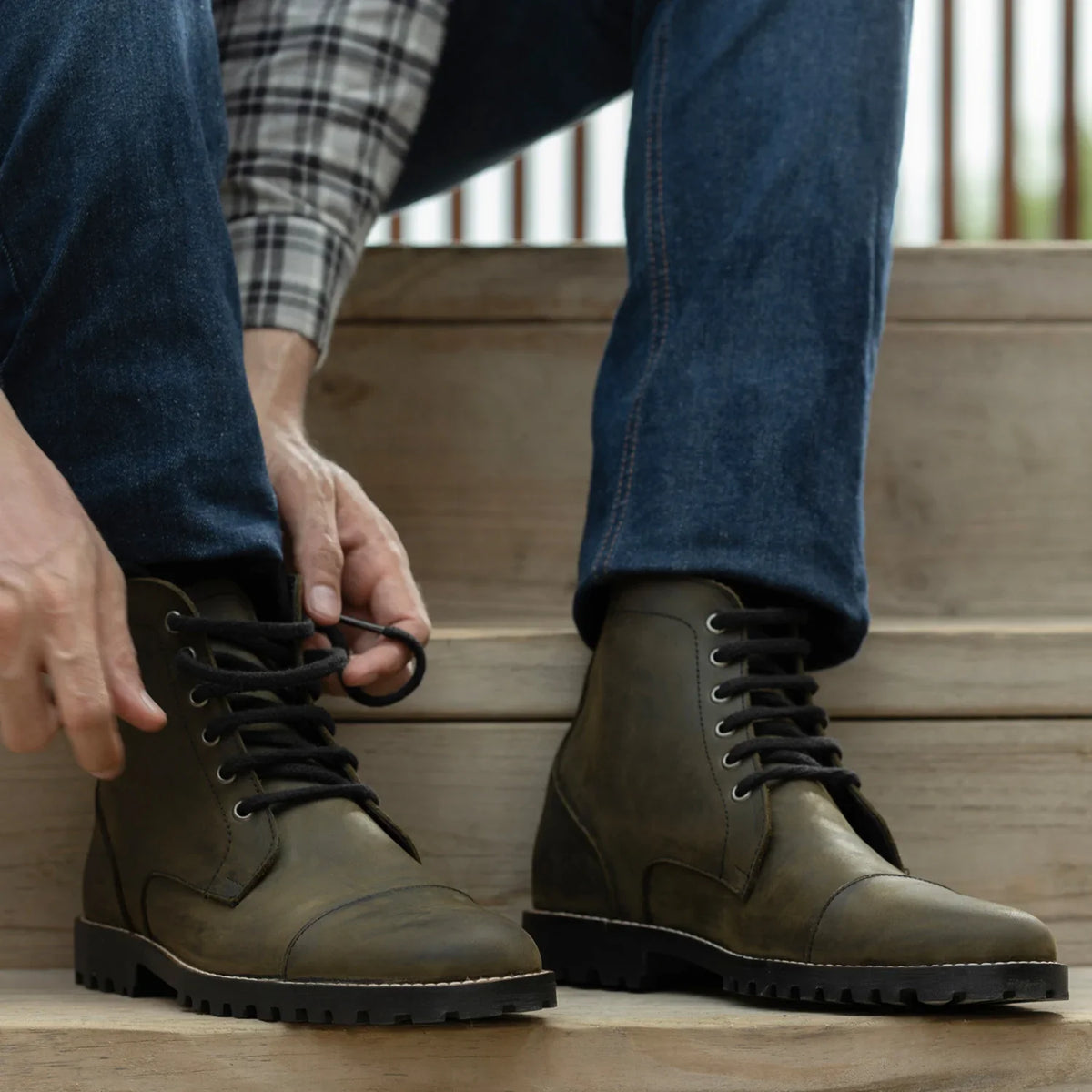 Knight Derby Olive Green Pullup Leather Boots - TerraGrip