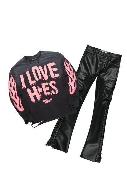 Banyan Black Long Sleeve T-Shirt & Honor Stacked Flare PU Jean Bundle