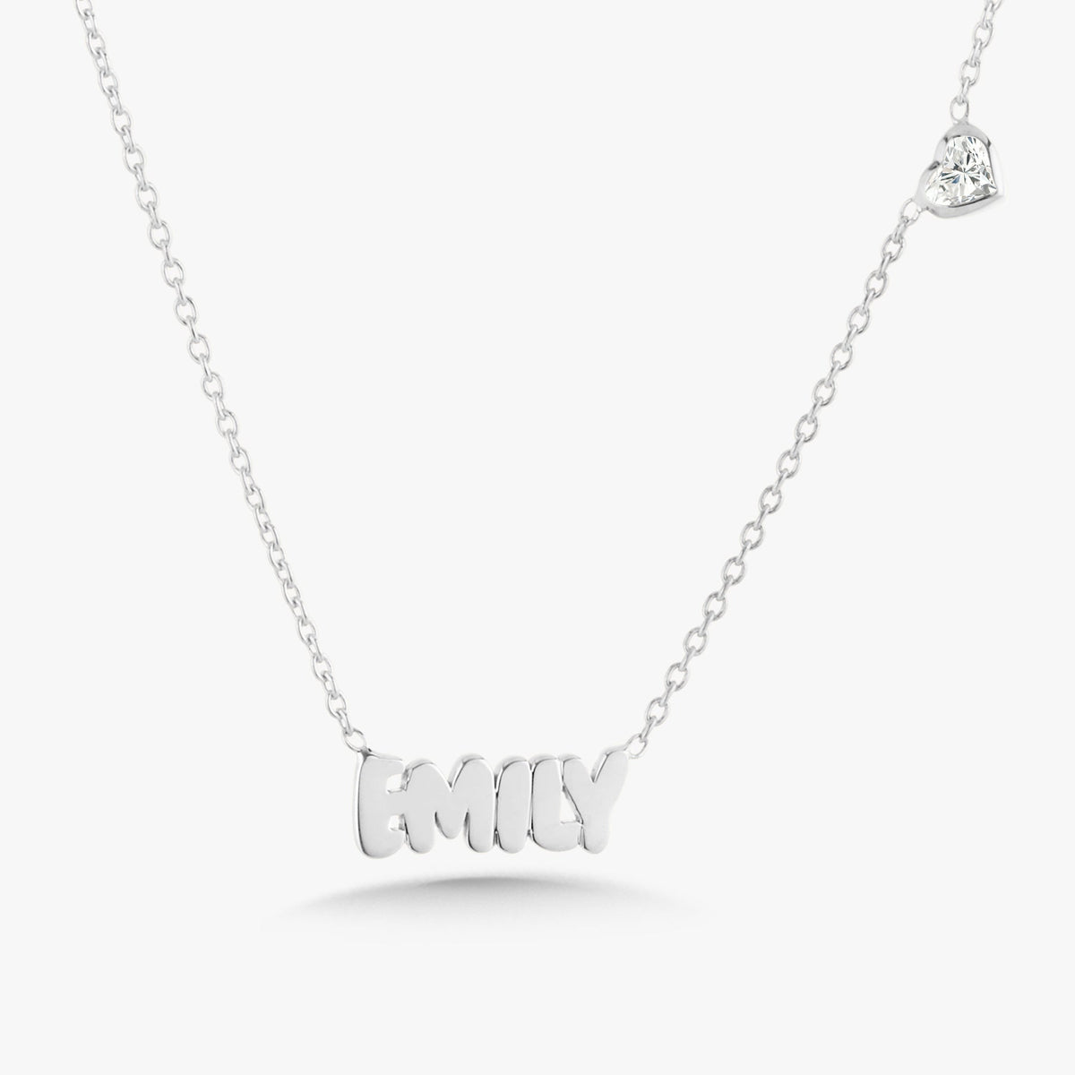 Custom Gold Bubble Name Necklace with Bezeled Heart Diamonds