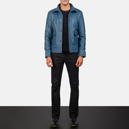 Columbus Blue Leather Bomber Jacket