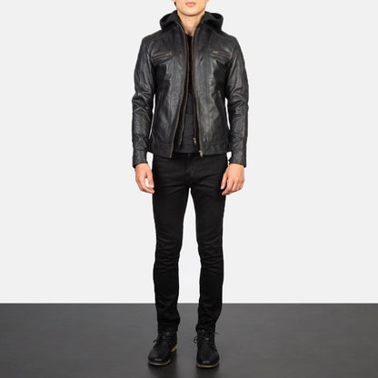 Hector Black Hooded Leather Biker Jacket