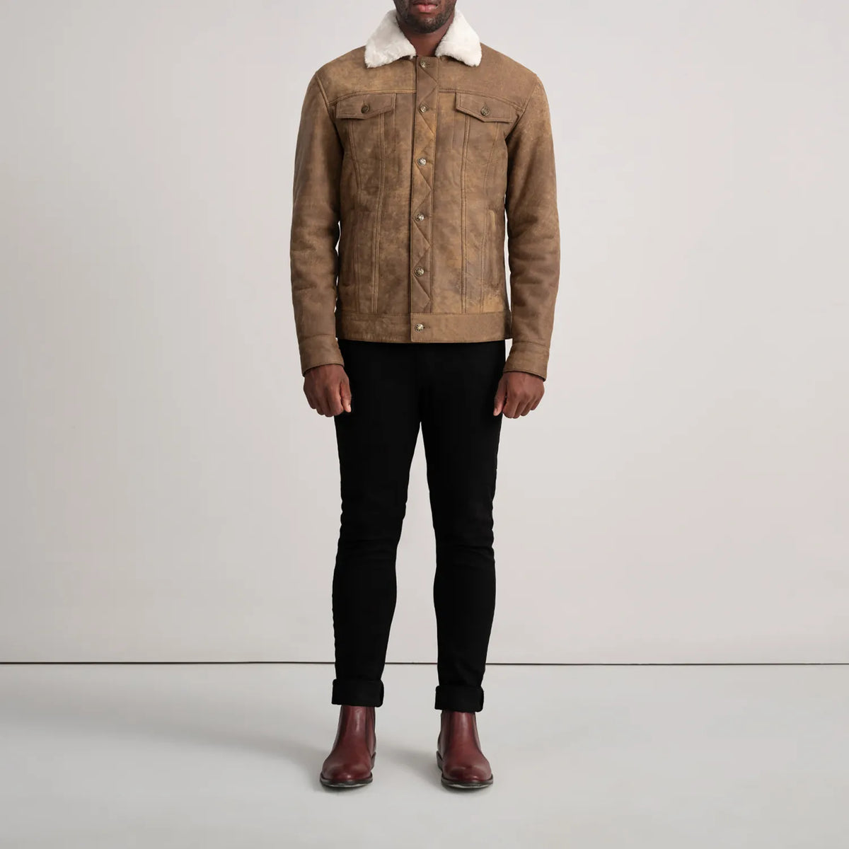 Dallis Distressed Brown Leather Shearling Trucker Jacket
