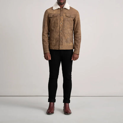 Dallis Distressed Brown Leather Shearling Trucker Jacket