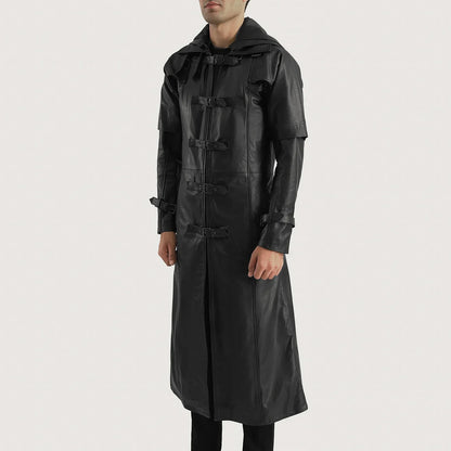 Huntsman Black Hooded Leather Trench Coat
