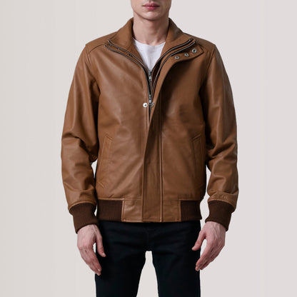 Lester Tan Leather Bomber Jacket