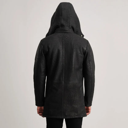 Nolan Distressed Black Leather Duffle Coat