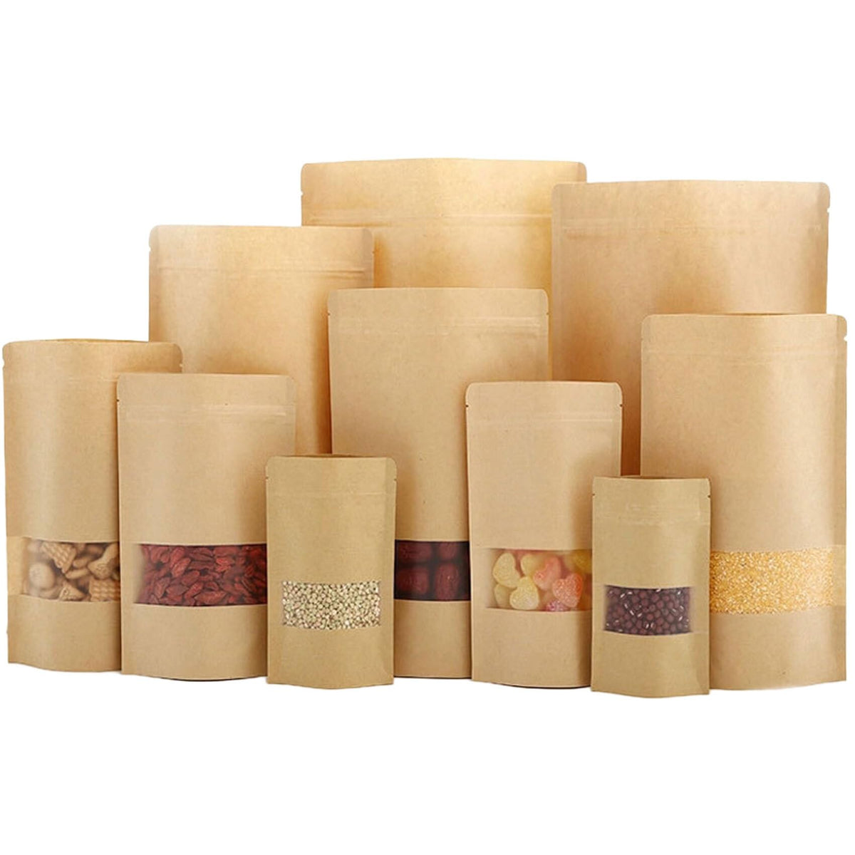 100pcs Kraft Bags with Window Zipper Lock Stand Up Bulk Pouches Resealable 10x14in