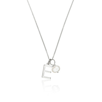 Solid White Gold Initial and Pearl Drop Necklace