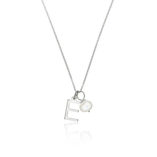 Solid White Gold Initial and Pearl Drop Necklace